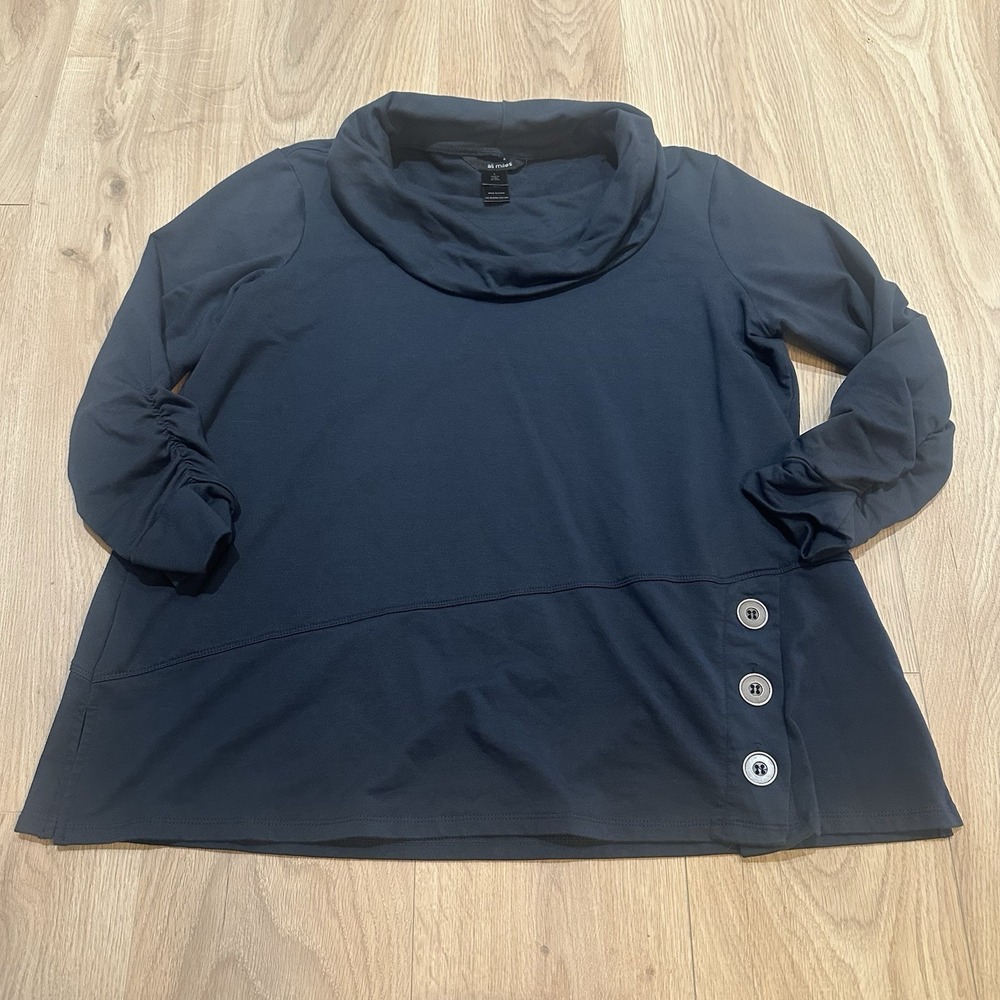 Ali Miles Top Womens Sz Large Blue Cowell Neck Sweater Blouse Ruched Buttons